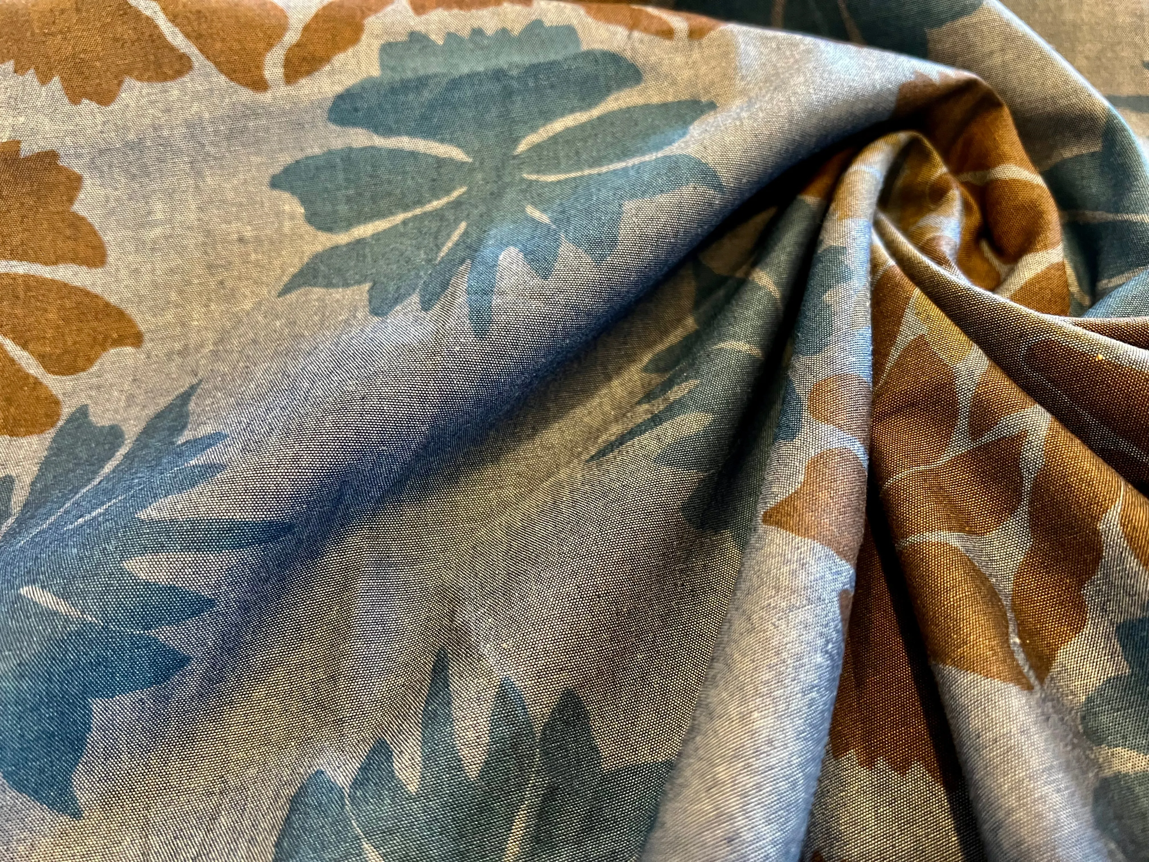 #1282 Denim Caramel & Turquoise Flowers 100% Lightweight Cotton Remnant