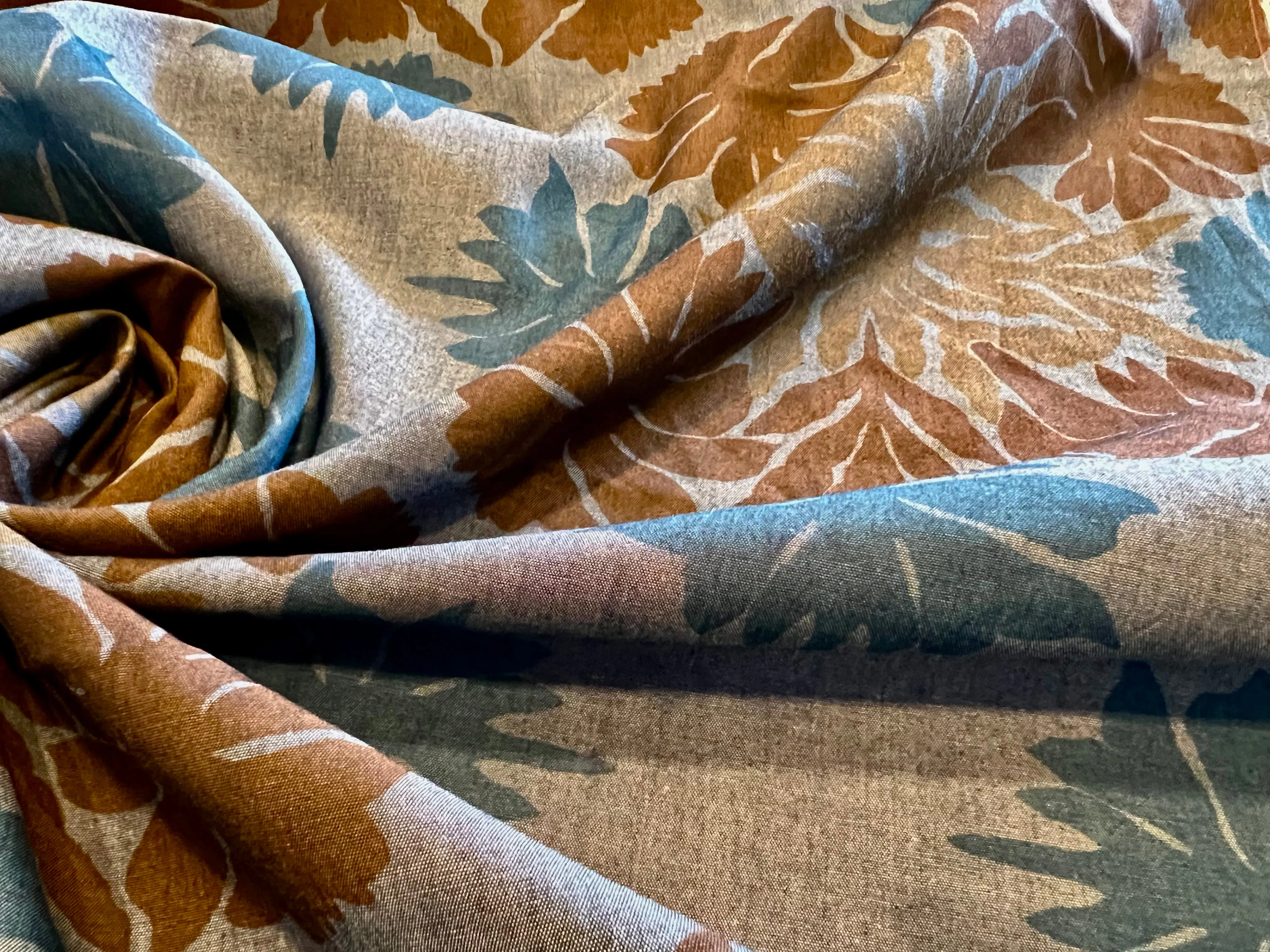 #1282 Denim Caramel & Turquoise Flowers 100% Lightweight Cotton Remnant