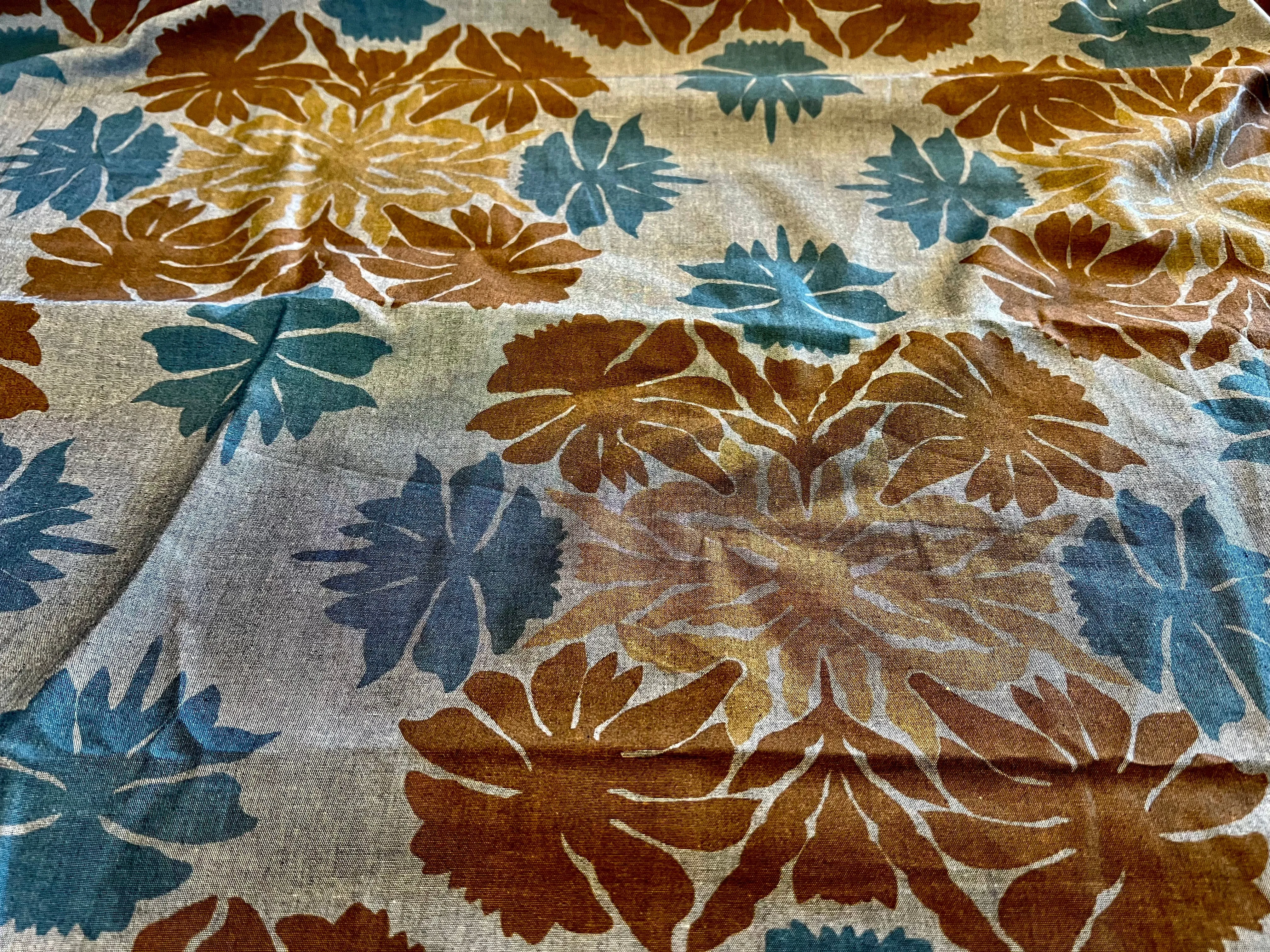 #1282 Denim Caramel & Turquoise Flowers 100% Lightweight Cotton Remnant