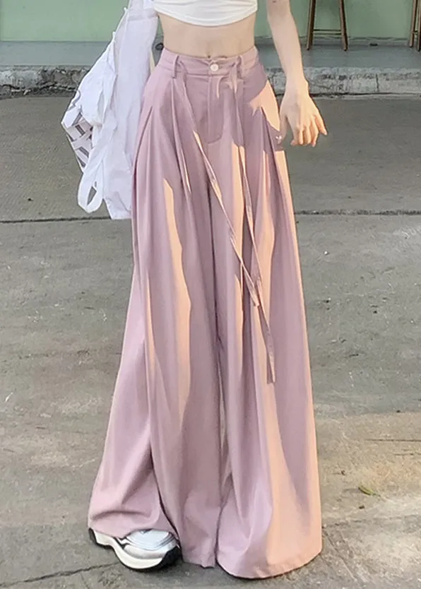 Art Pink Pockets High Waist Patchwork Spandex Wide Leg Pants Summer LY9107