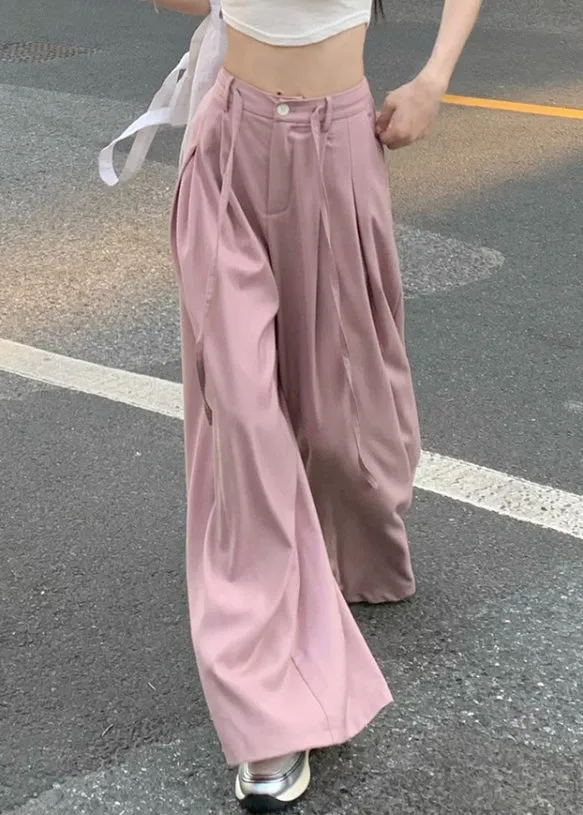 Art Pink Pockets High Waist Patchwork Spandex Wide Leg Pants Summer LY9107