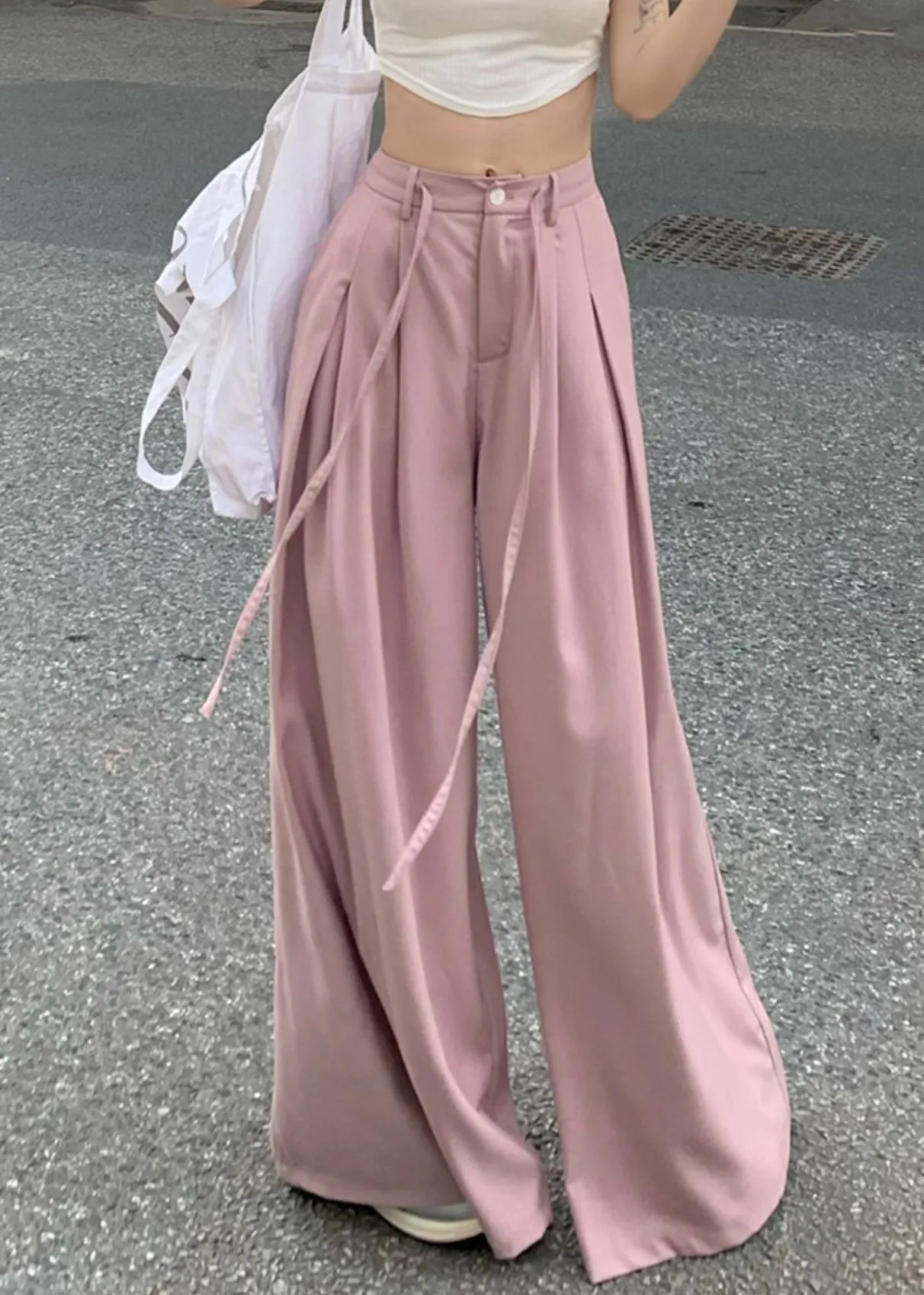 Art Pink Pockets High Waist Patchwork Spandex Wide Leg Pants Summer LY9107