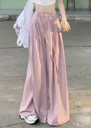 Art Pink Pockets High Waist Patchwork Spandex Wide Leg Pants Summer LY9107