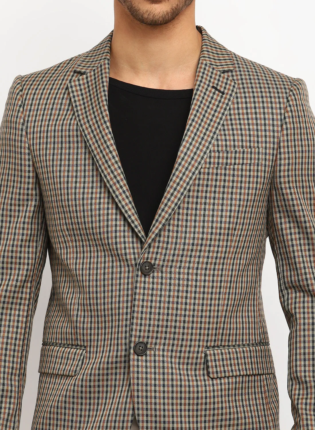 Beige Check Notch Collar Jacket