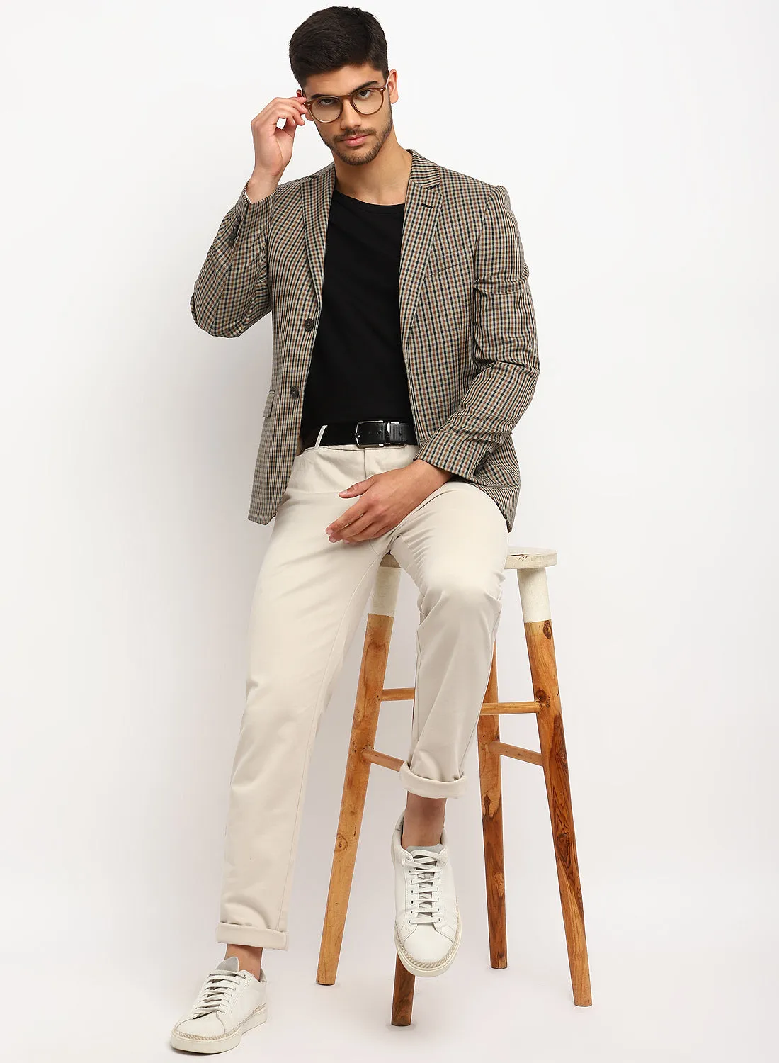 Beige Check Notch Collar Jacket