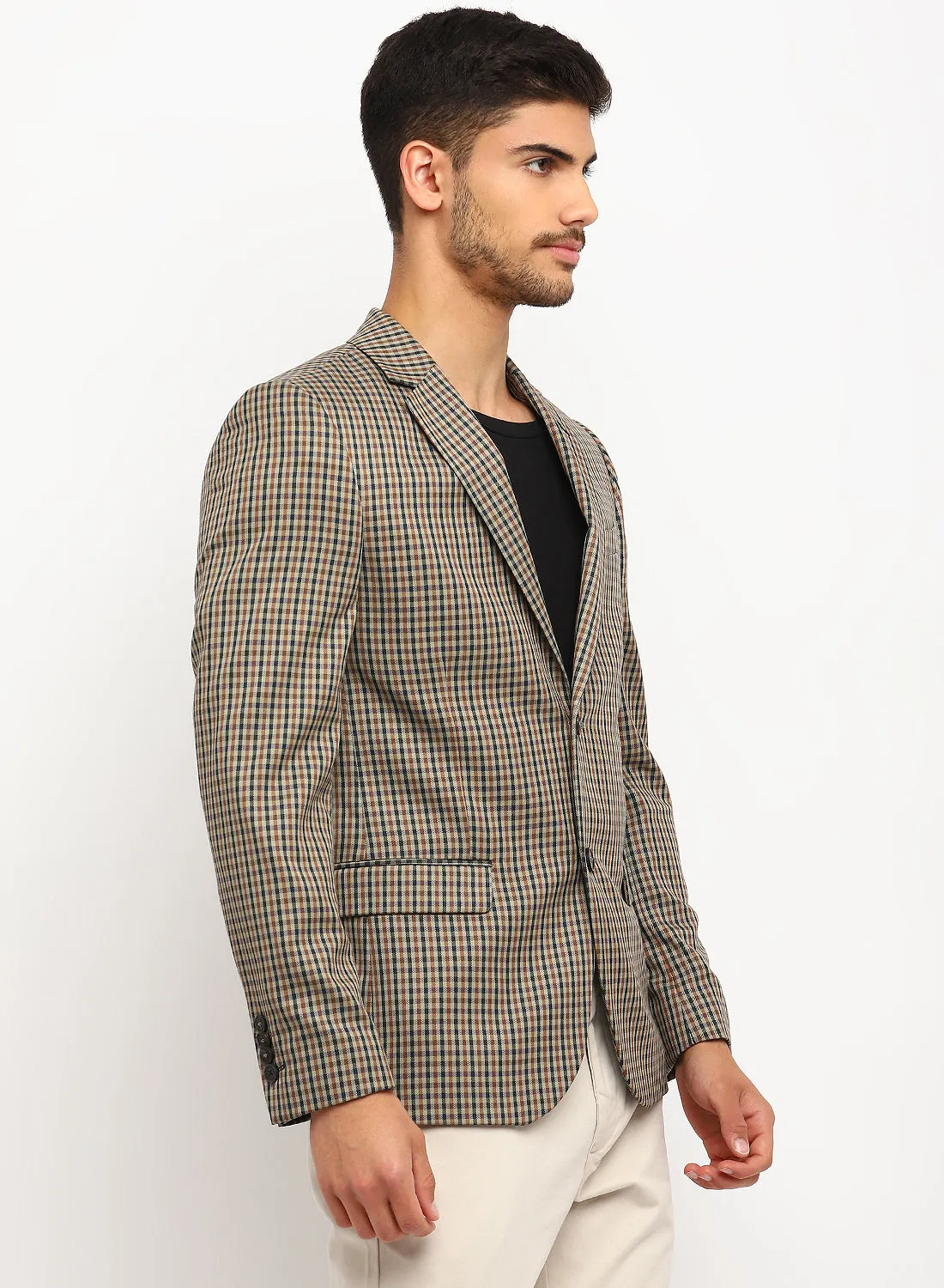 Beige Check Notch Collar Jacket
