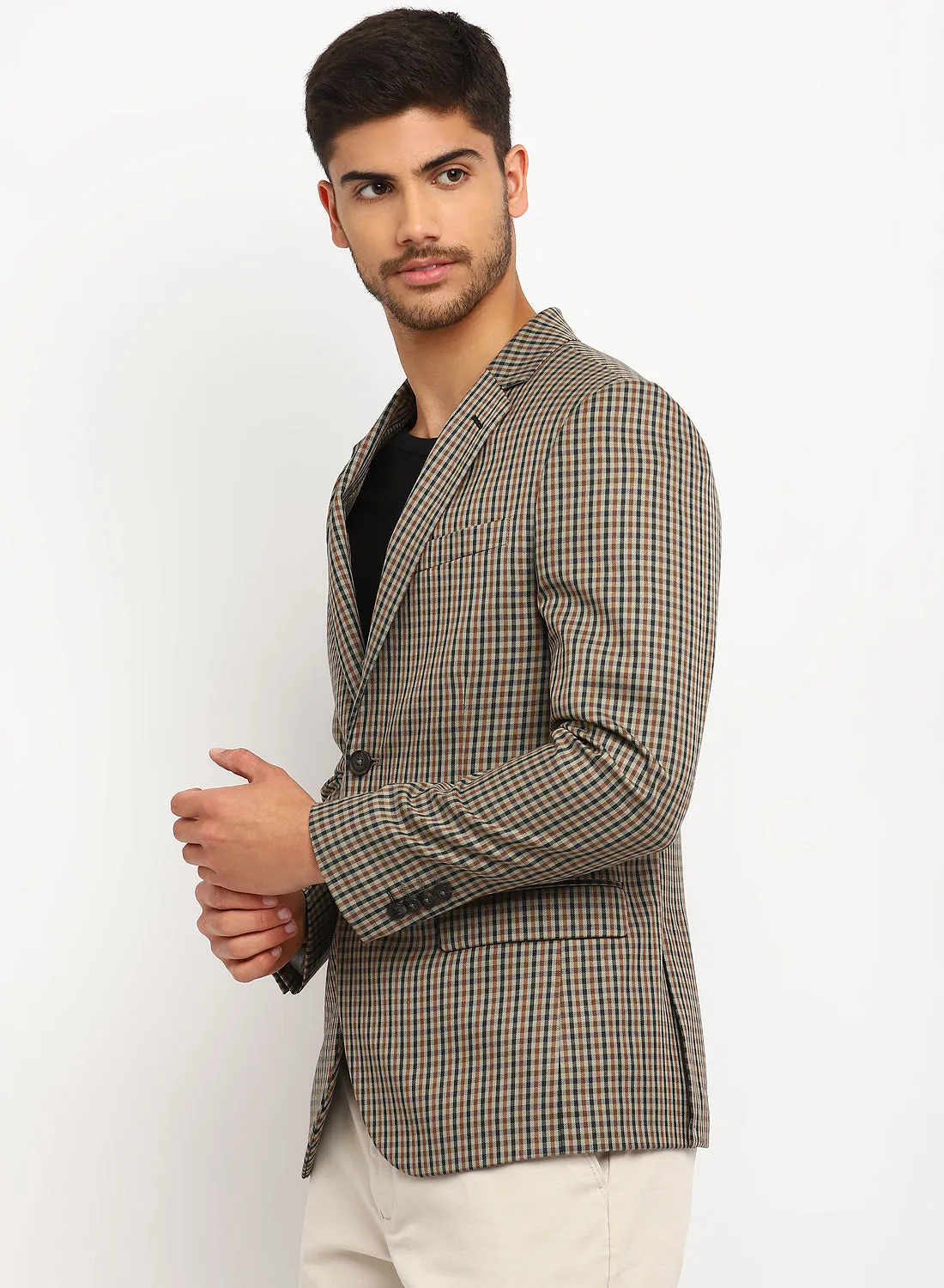 Beige Check Notch Collar Jacket