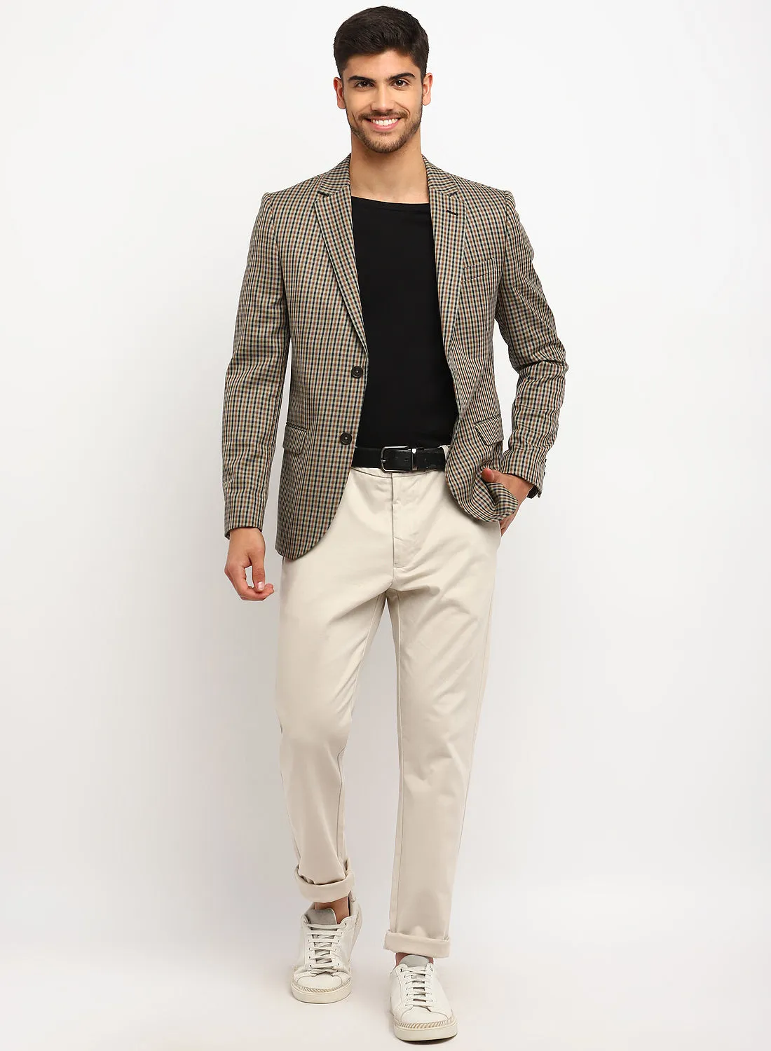 Beige Check Notch Collar Jacket
