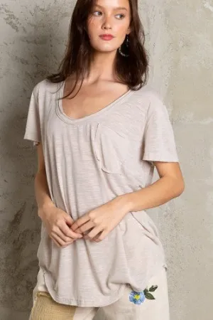 Beige Scoop Neck Casual Slub Tee