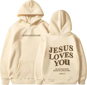Bible Verse Oversized Hoodies for Women Jesus Loves You Back Letter Print Drop Shoulder Pullover Tops with Pocket Fall Trendy