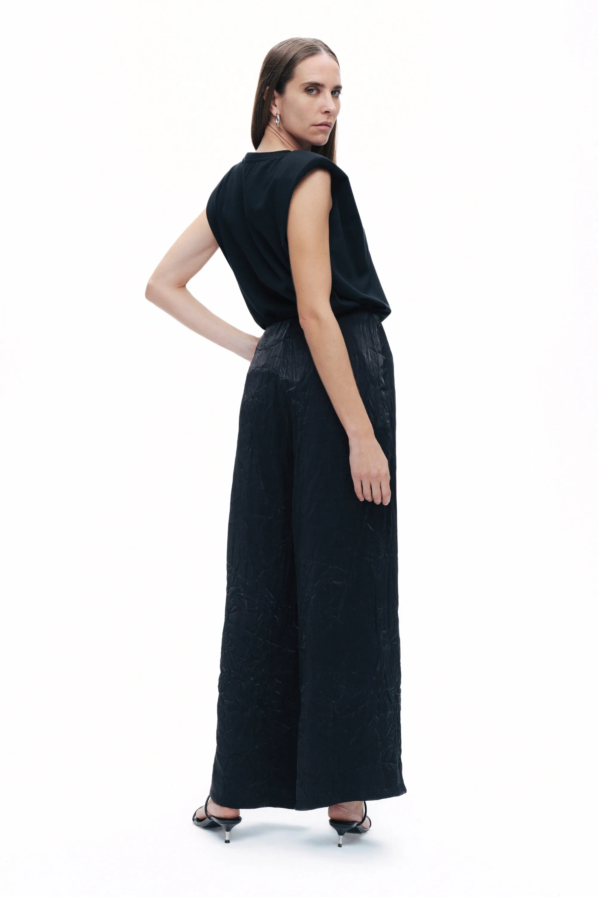 Black Wrinkled Wide-Leg Pants