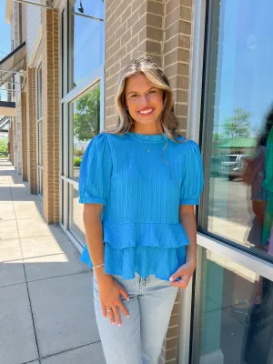 Blue Textured Short Sleeve Bow Back Top