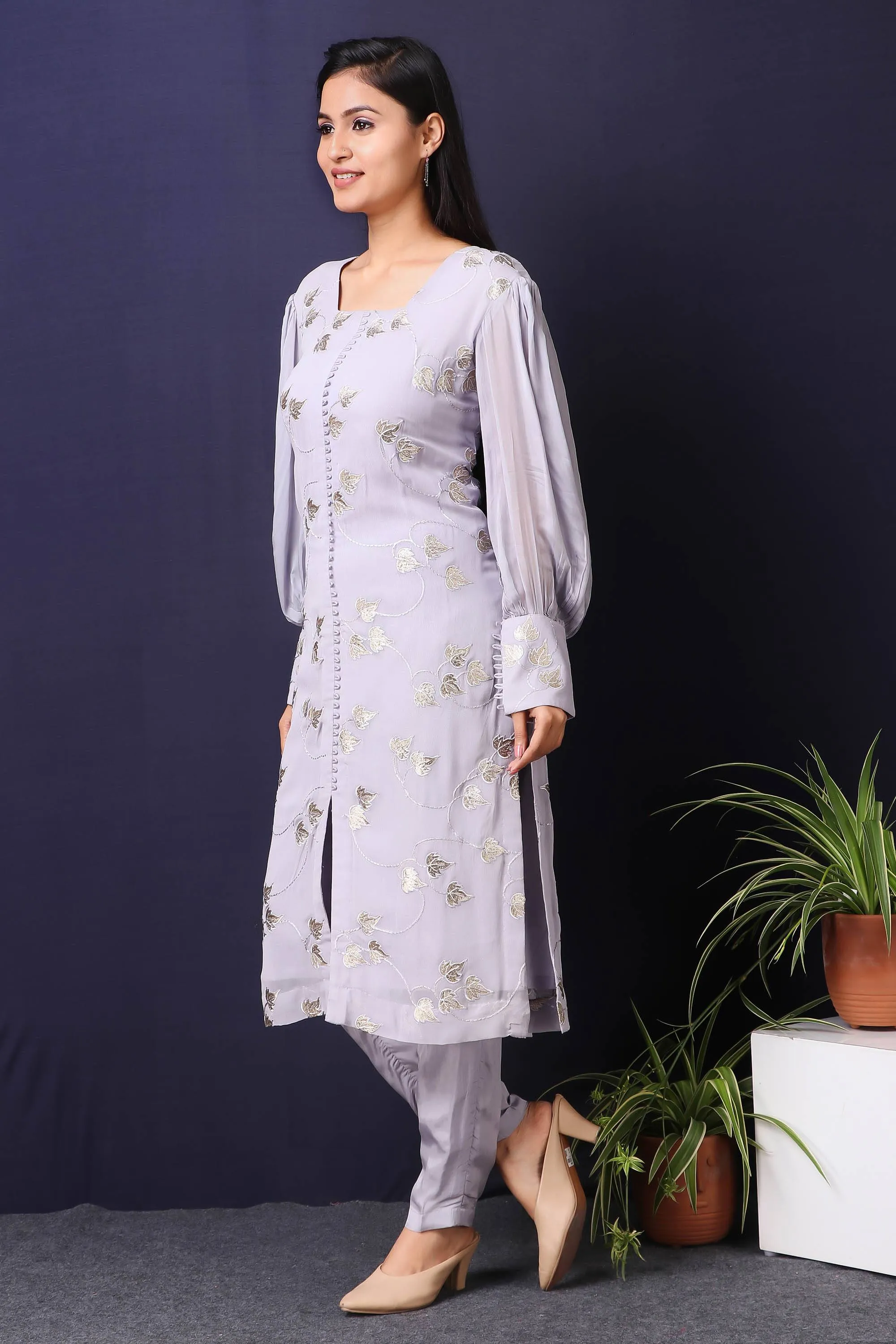 Bluish Grey Kurta with Ballon Sleeve