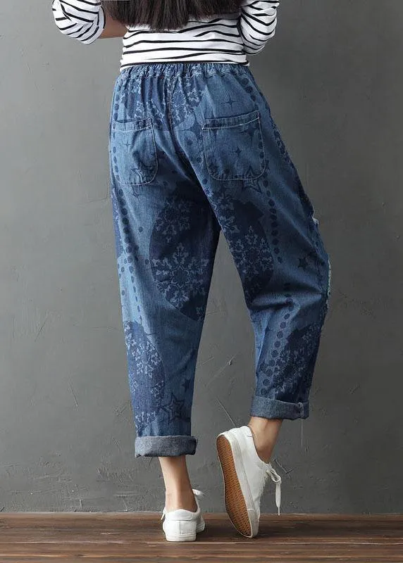 Bohemian Blue Pockets Print Hole Fall Cotton Pants