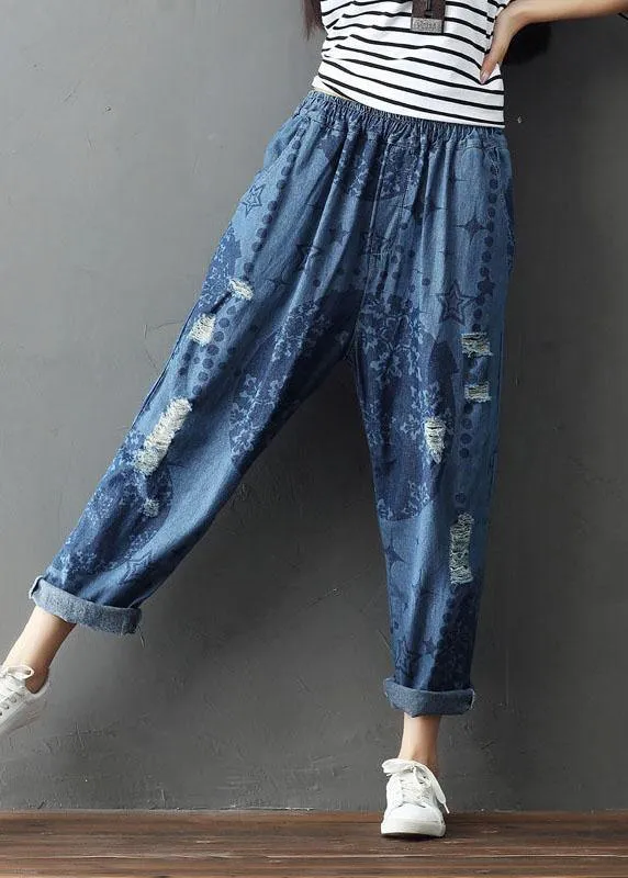 Bohemian Blue Pockets Print Hole Fall Cotton Pants