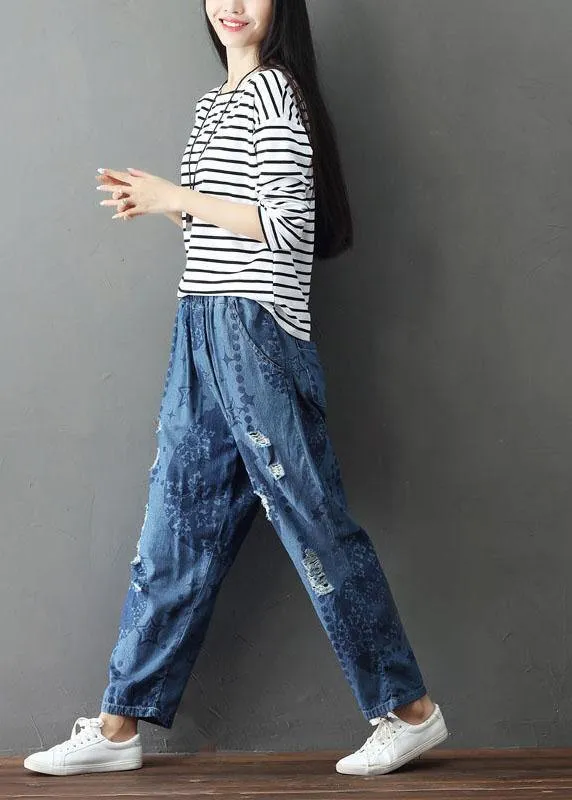 Bohemian Blue Pockets Print Hole Fall Cotton Pants