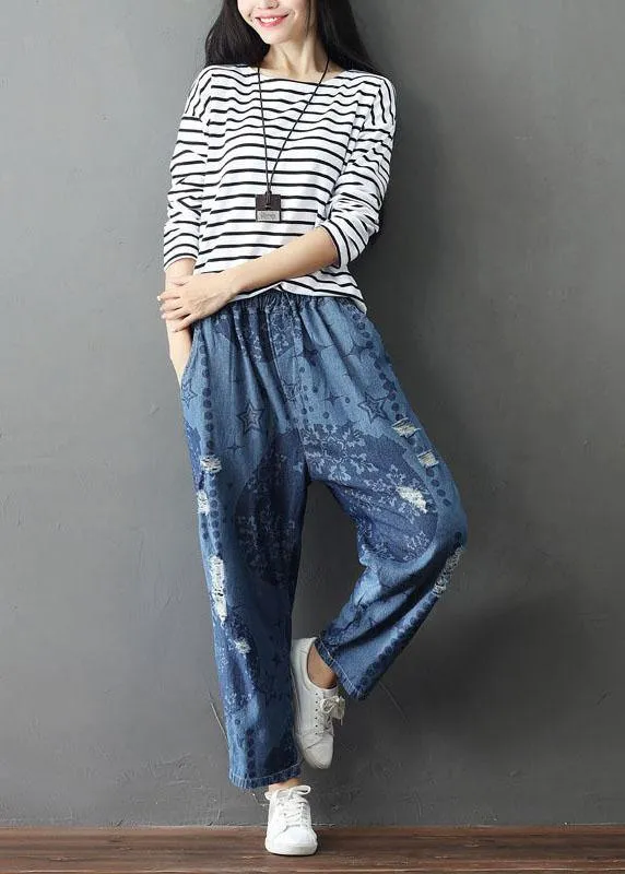 Bohemian Blue Pockets Print Hole Fall Cotton Pants