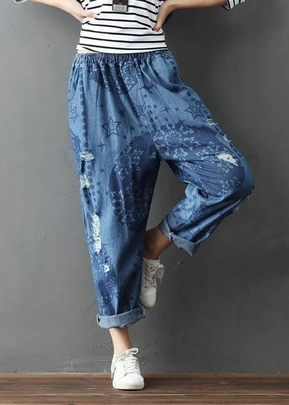 Bohemian Blue Pockets Print Hole Fall Cotton Pants