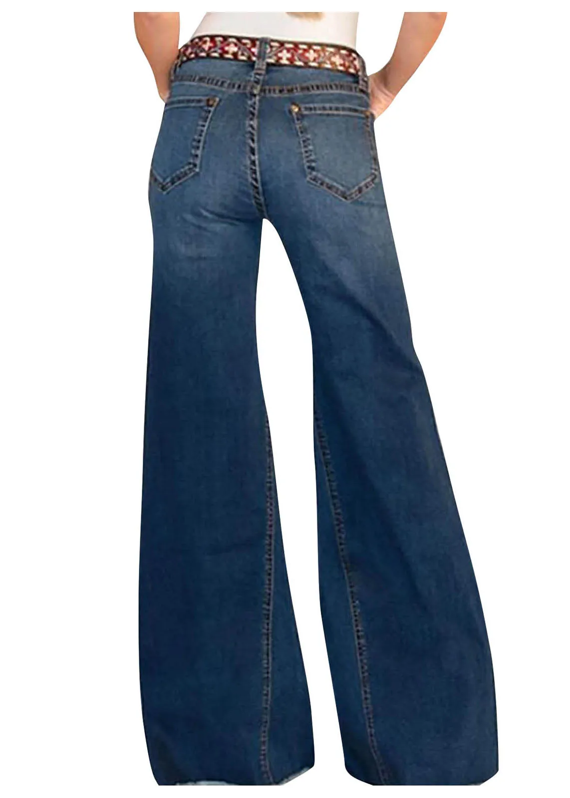 Chic Blue Pockets Patchwork Denim Wide Leg Pants Summer LY3936