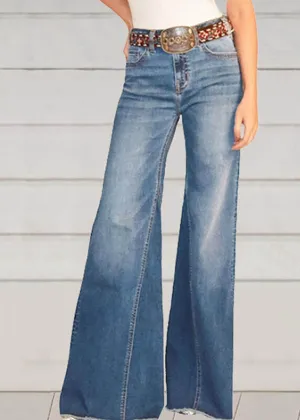 Chic Blue Pockets Patchwork Denim Wide Leg Pants Summer LY3936