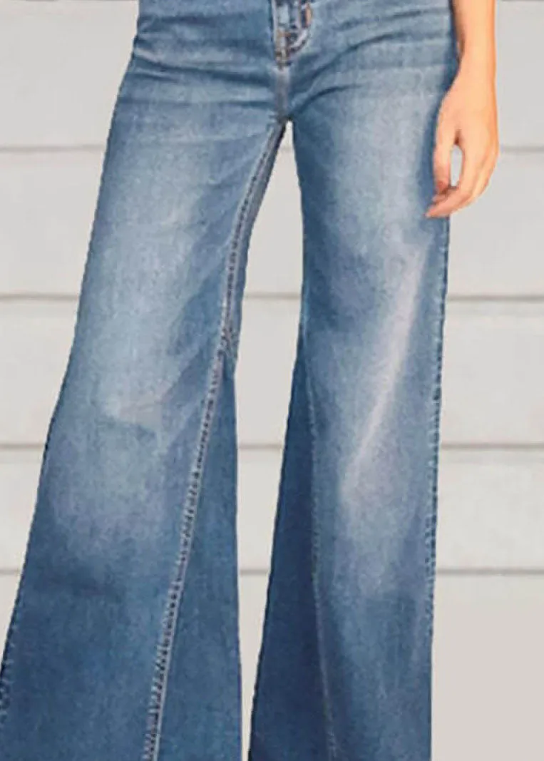 Chic Blue Pockets Patchwork Denim Wide Leg Pants Summer LY3936