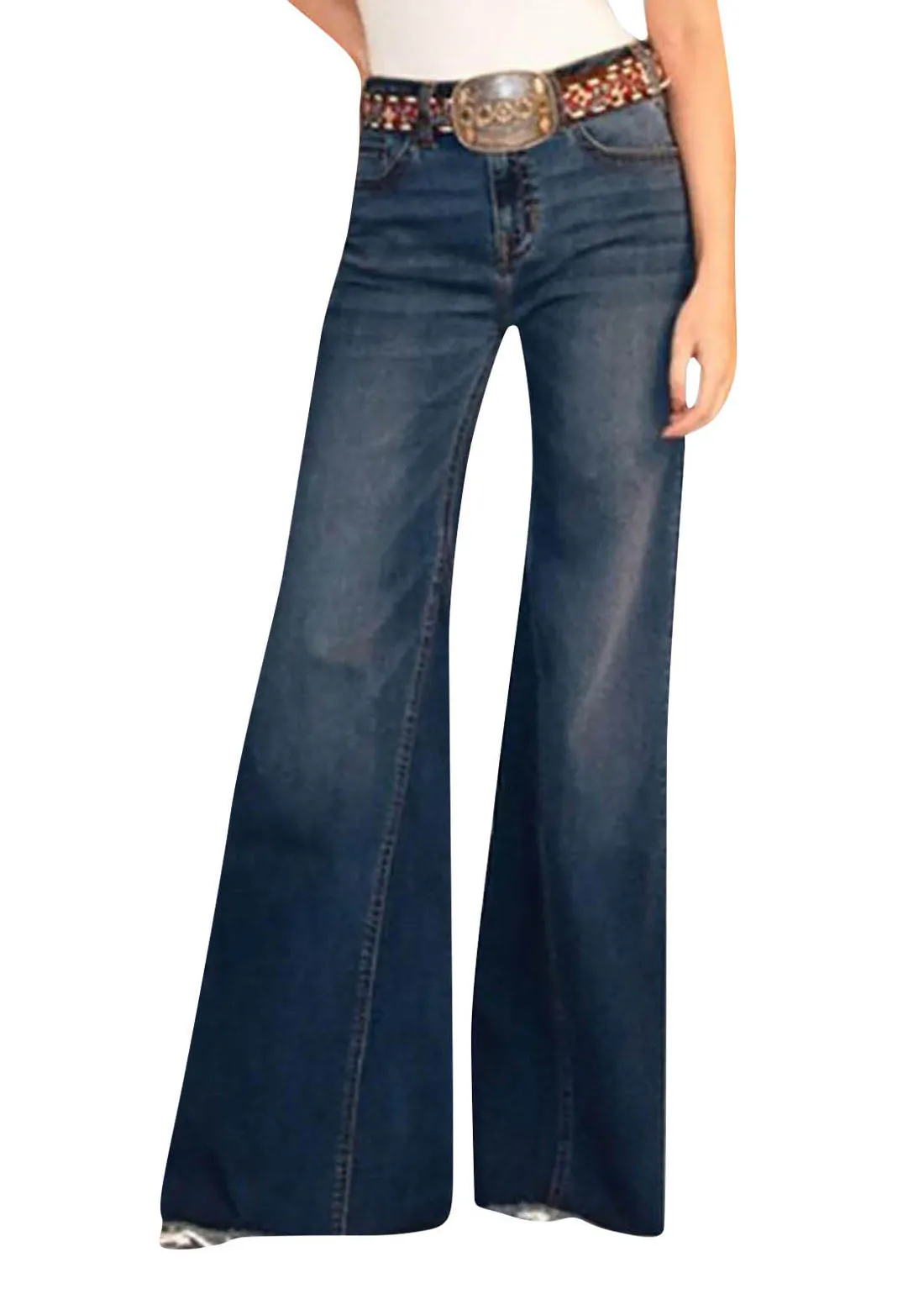 Chic Blue Pockets Patchwork Denim Wide Leg Pants Summer LY3936
