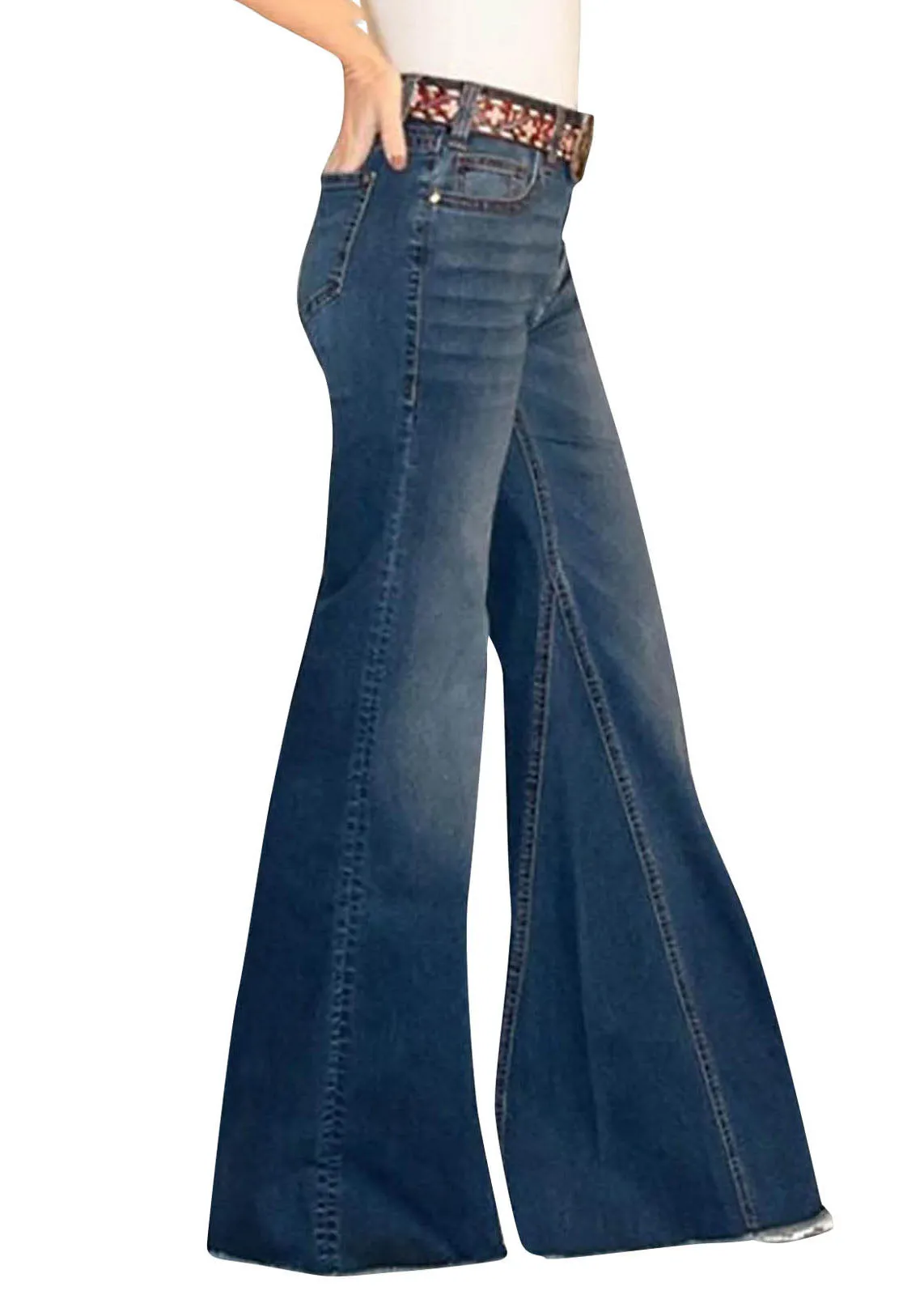 Chic Blue Pockets Patchwork Denim Wide Leg Pants Summer LY3936