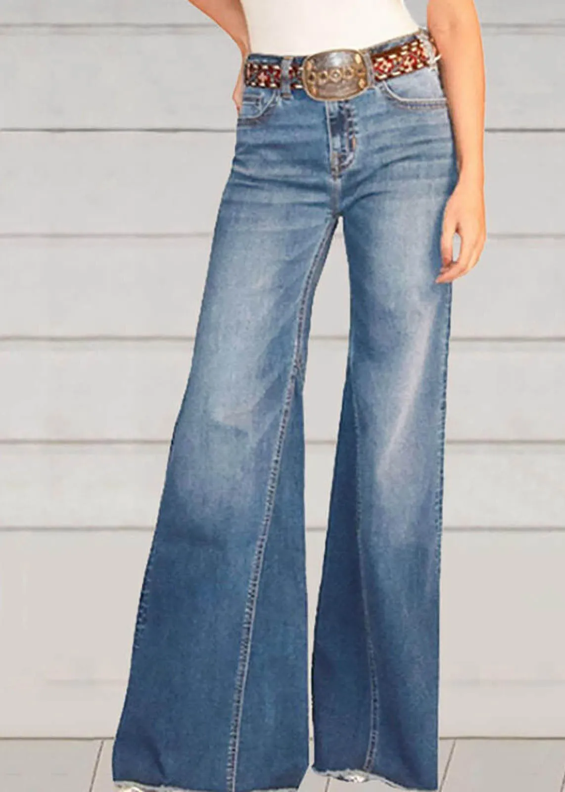 Chic Blue Pockets Patchwork Denim Wide Leg Pants Summer LY3936