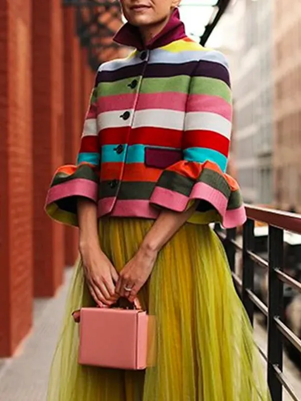 Chicmy-Flared Sleeves Multi-Colored Striped Lapel Jackets Outerwear