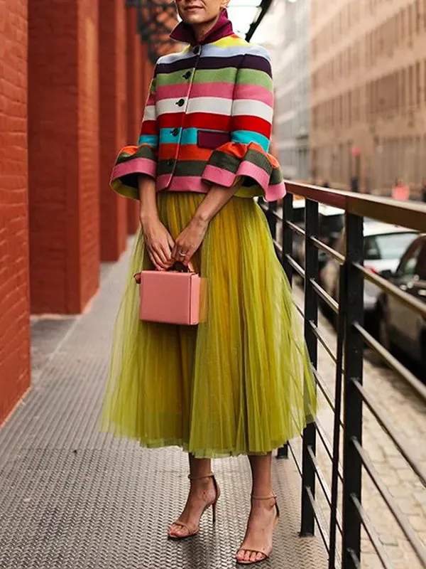 Chicmy-Flared Sleeves Multi-Colored Striped Lapel Jackets Outerwear