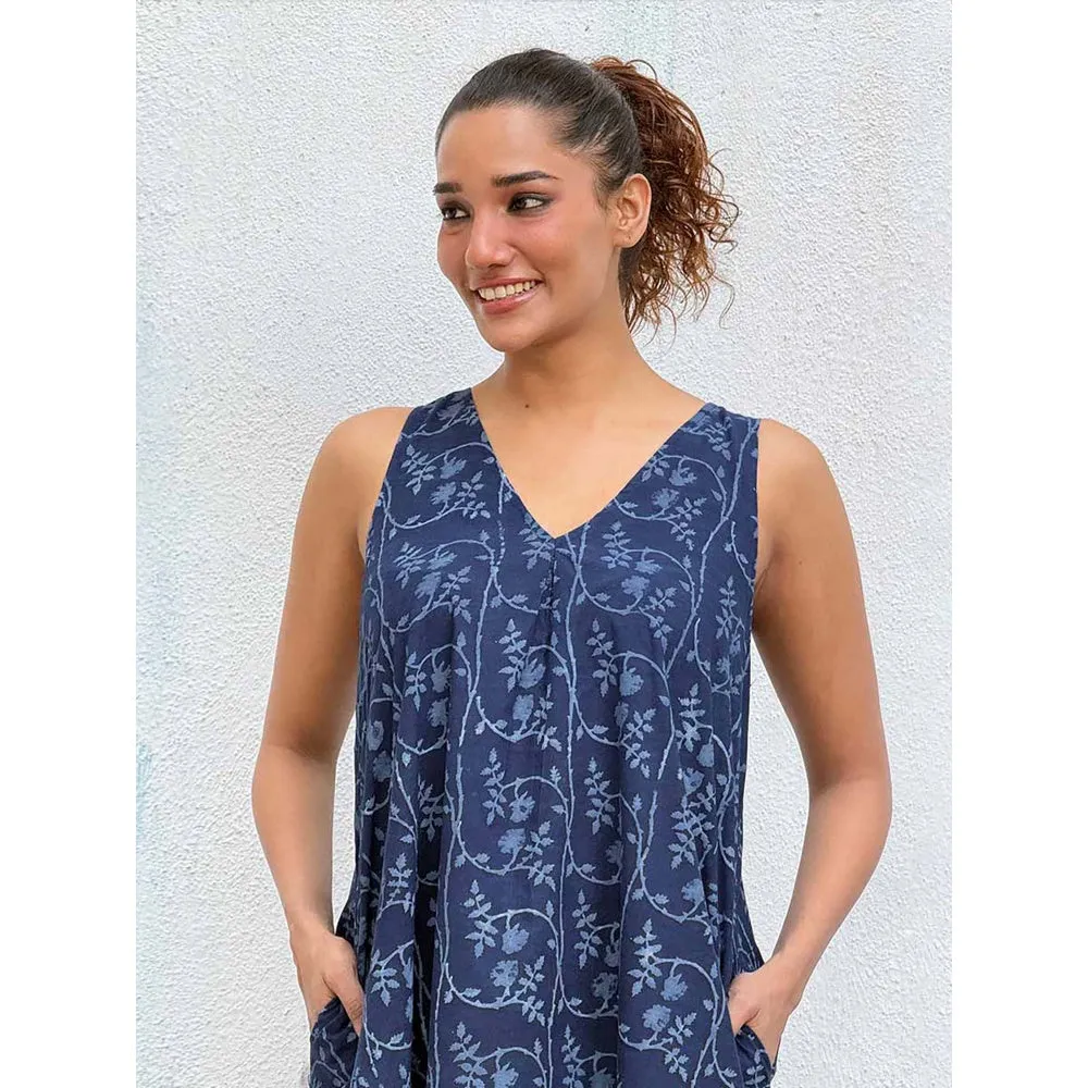 Chidiyaa Navy Blue Blockprinted Cotton Dress