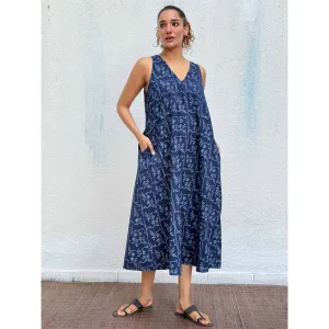 Chidiyaa Navy Blue Blockprinted Cotton Dress