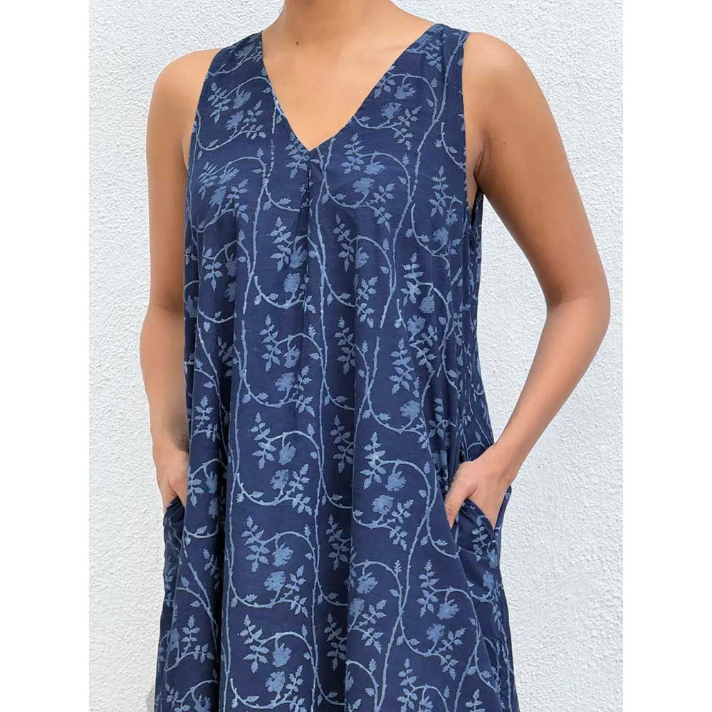 Chidiyaa Navy Blue Blockprinted Cotton Dress