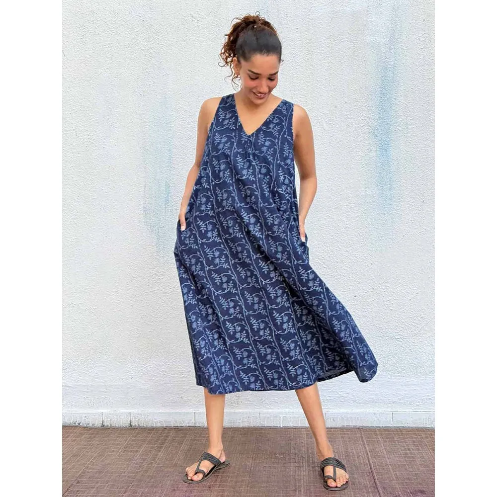 Chidiyaa Navy Blue Blockprinted Cotton Dress