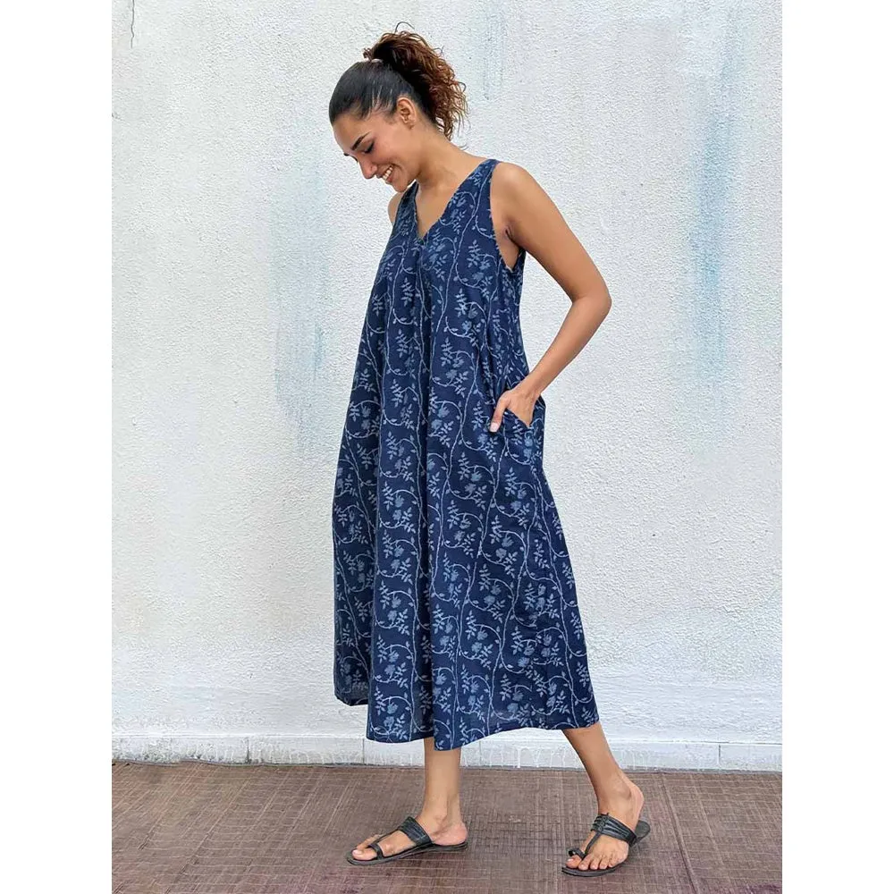 Chidiyaa Navy Blue Blockprinted Cotton Dress