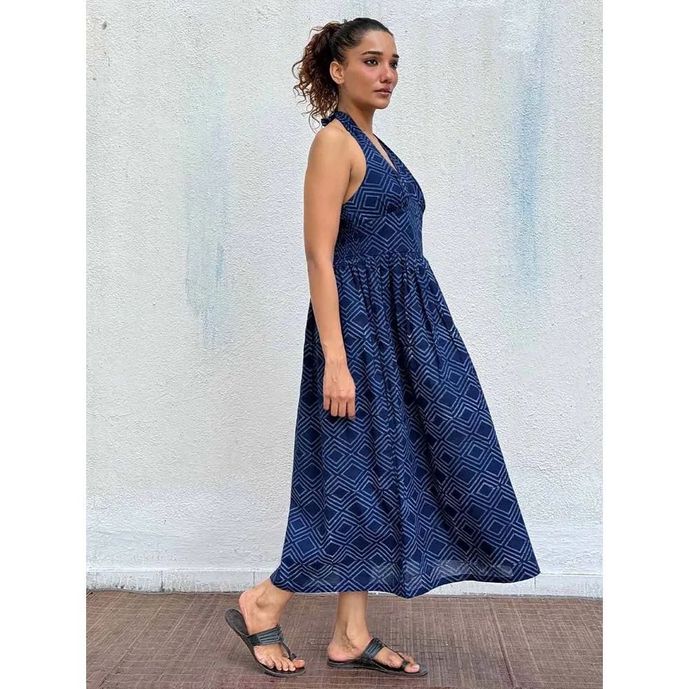 Chidiyaa Navy Blue Boheme Blockprinted Cotton Dress