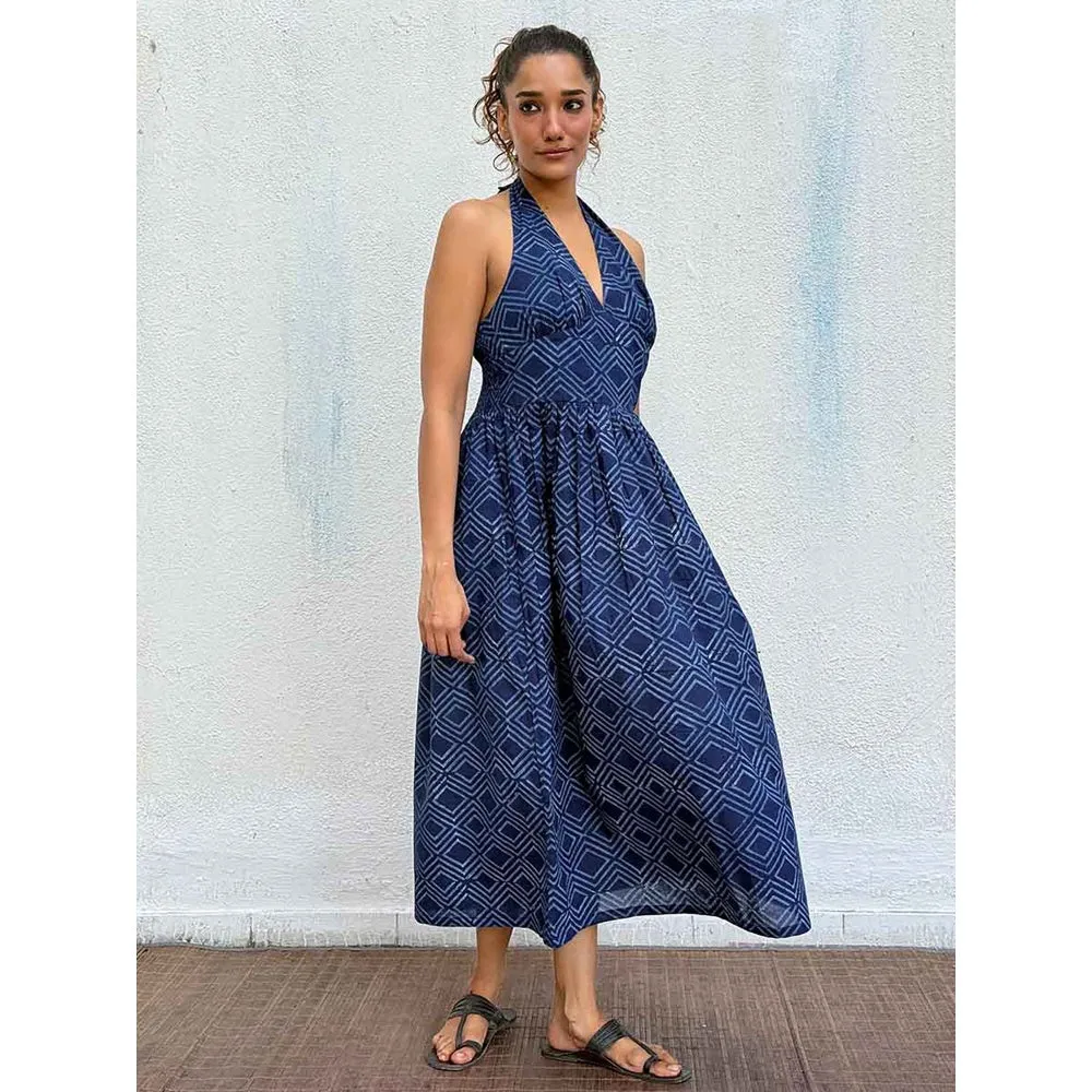 Chidiyaa Navy Blue Boheme Blockprinted Cotton Dress