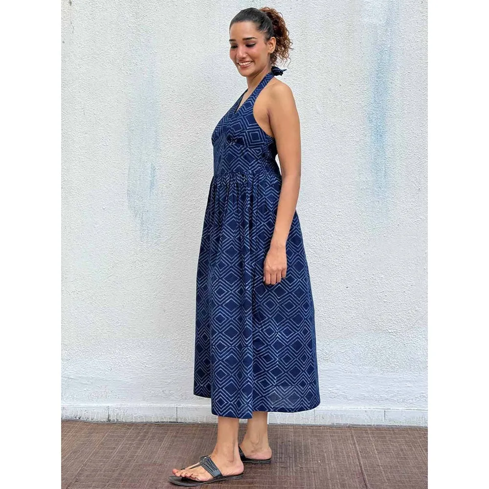 Chidiyaa Navy Blue Boheme Blockprinted Cotton Dress