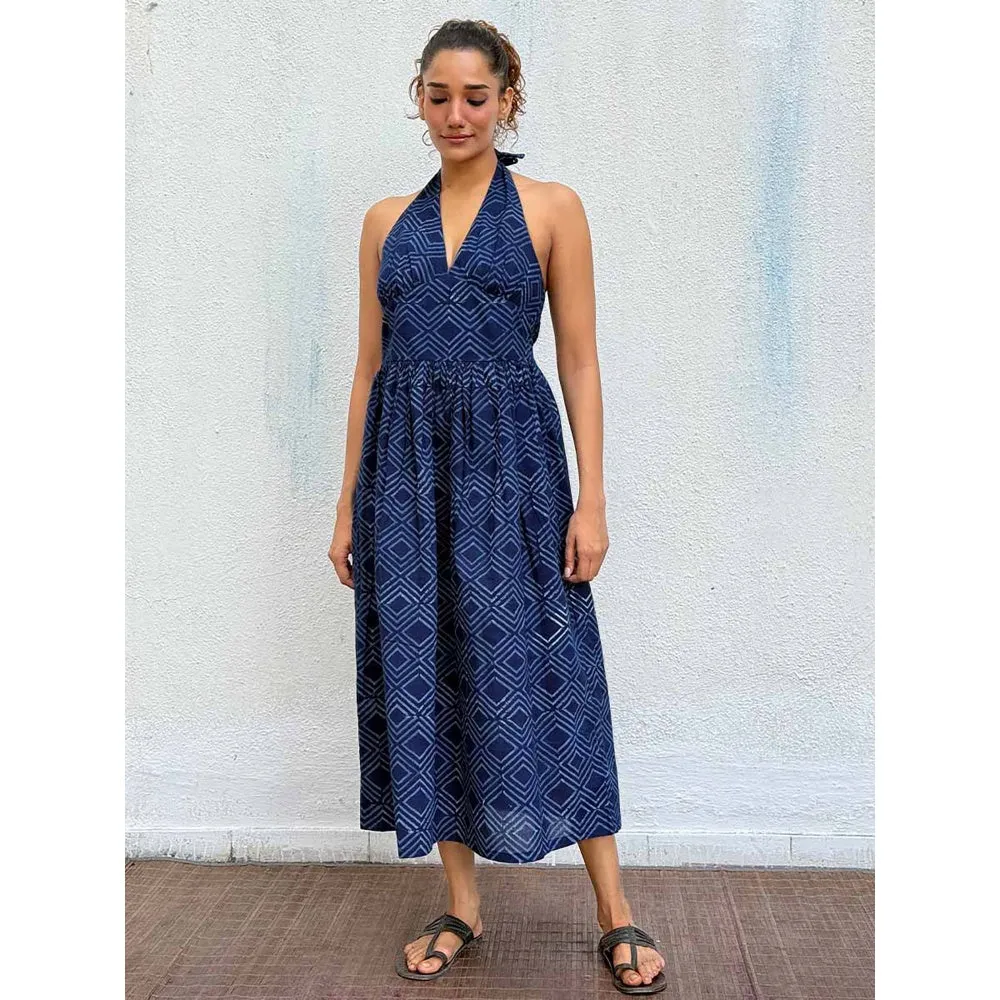 Chidiyaa Navy Blue Boheme Blockprinted Cotton Dress