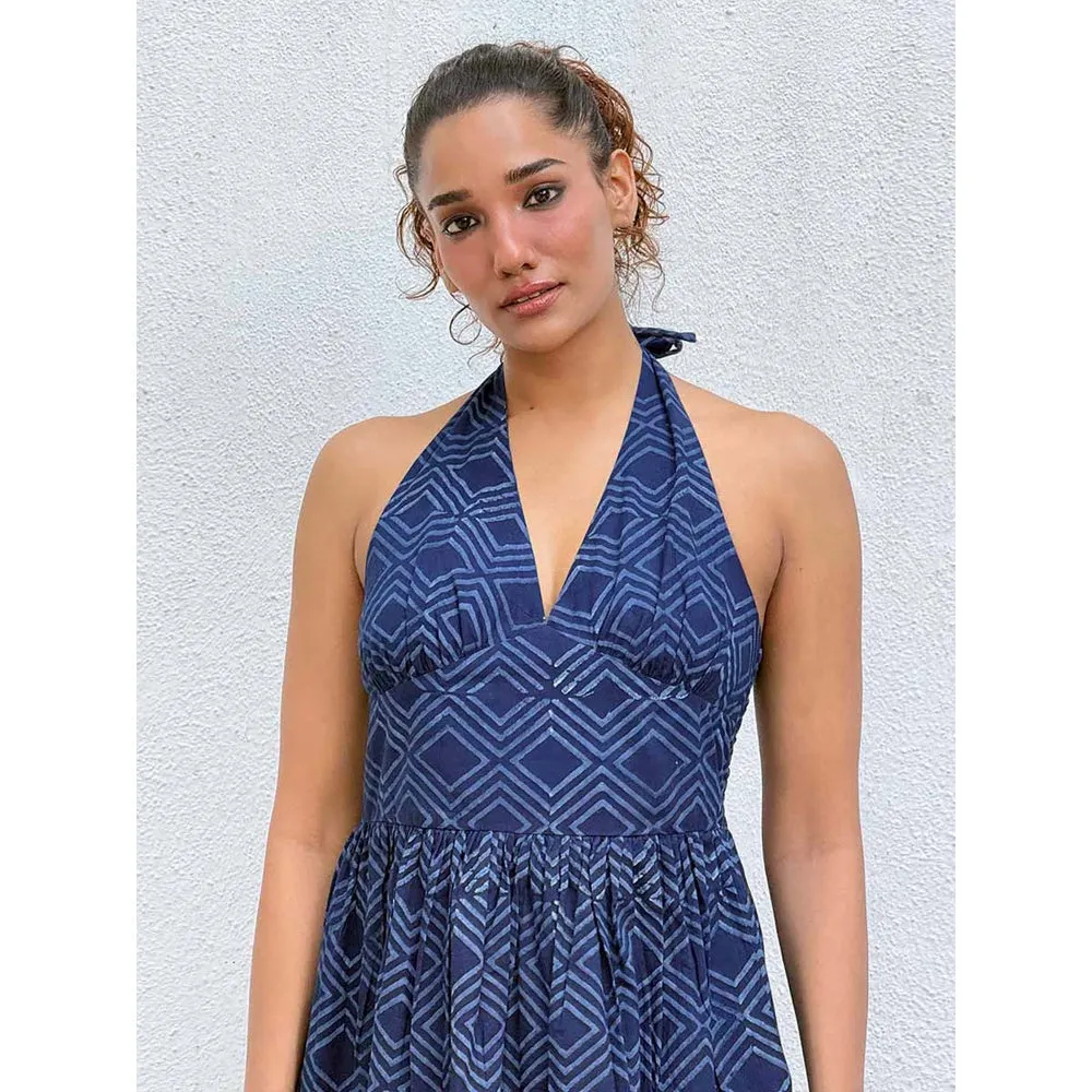 Chidiyaa Navy Blue Boheme Blockprinted Cotton Dress