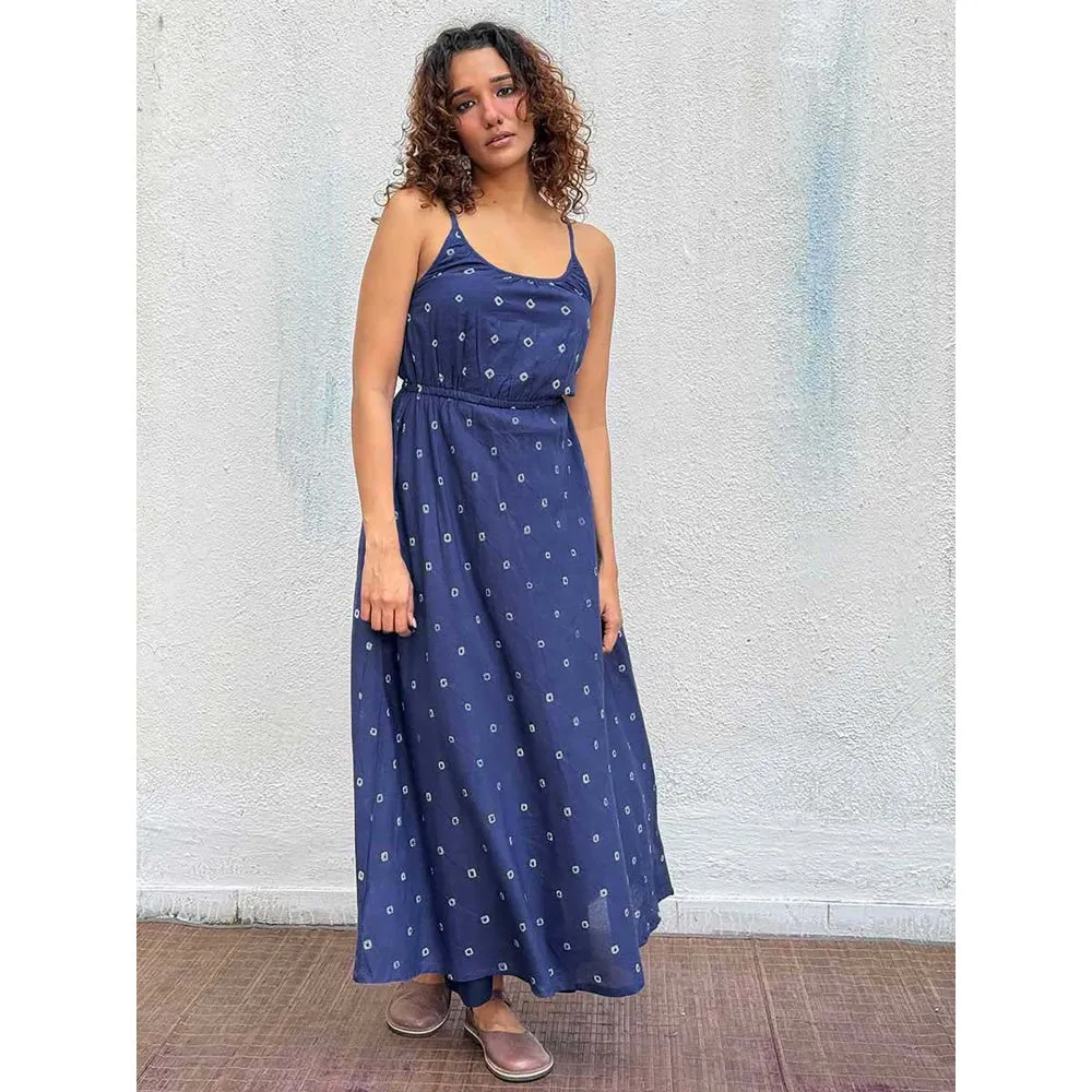 Chidiyaa Navy Blue Diorella Bandhej Cotton Dress