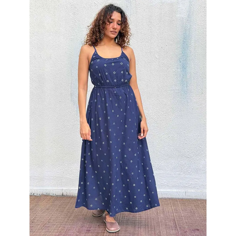 Chidiyaa Navy Blue Diorella Bandhej Cotton Dress