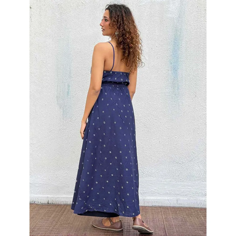 Chidiyaa Navy Blue Diorella Bandhej Cotton Dress