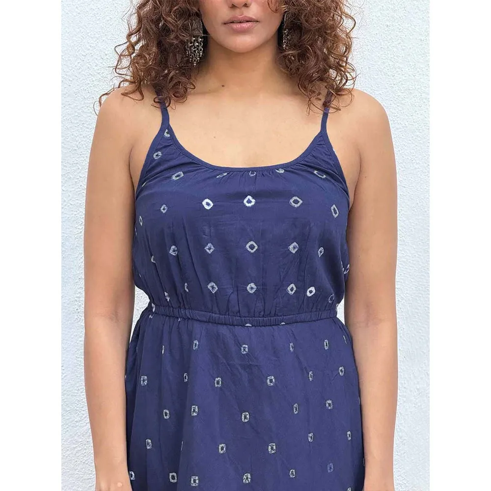 Chidiyaa Navy Blue Diorella Bandhej Cotton Dress