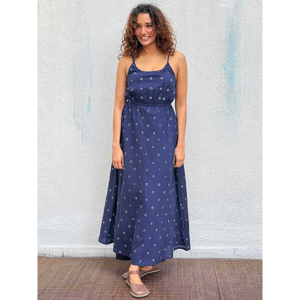 Chidiyaa Navy Blue Diorella Bandhej Cotton Dress