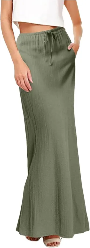Cotton Linen Skirts for Women Maxi Length Summer Skirts Drawstring Low Rise A-Line Casual Loose Flowy Long Beach Skirt