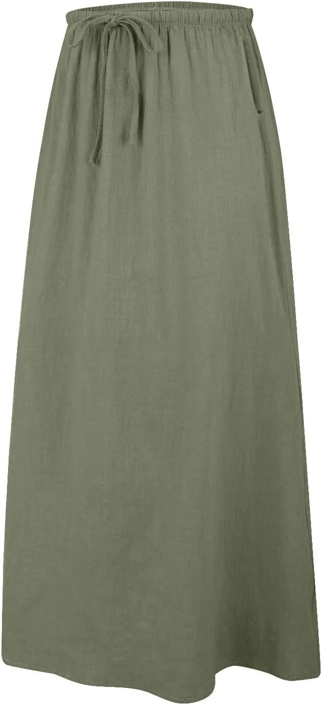 Cotton Linen Skirts for Women Maxi Length Summer Skirts Drawstring Low Rise A-Line Casual Loose Flowy Long Beach Skirt