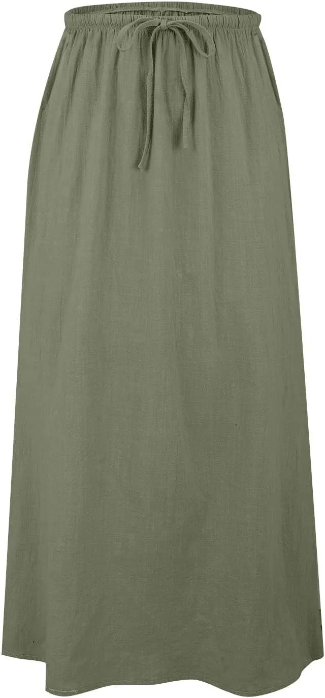 Cotton Linen Skirts for Women Maxi Length Summer Skirts Drawstring Low Rise A-Line Casual Loose Flowy Long Beach Skirt