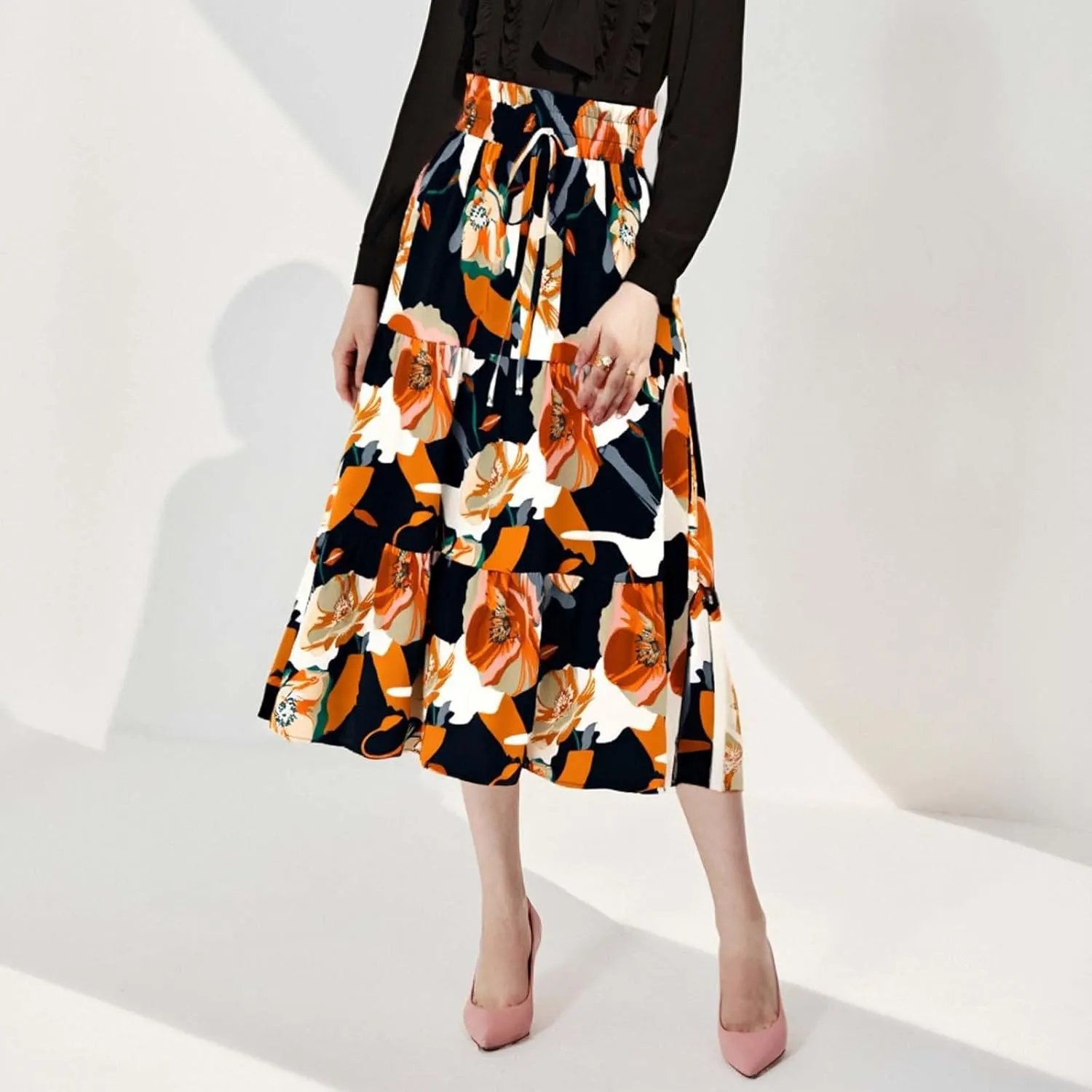Floral Midi Skirt for Women Summer Boho Flowy Long Skirt Elastic High Waist Vacation A-Line Skirts with Drawstring