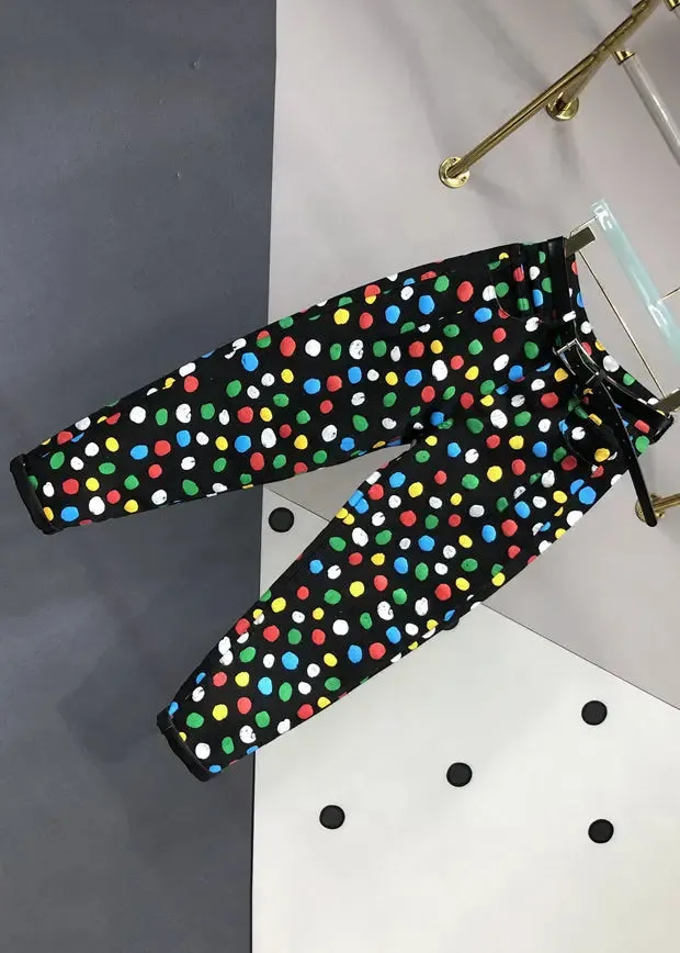 French Black Pockets Multi Dot Print Patchwork Denim Pants Fall ML0793